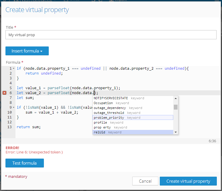 Virtual property editor in Graphlytic using code completion, syntax highlighting, syntax checker, and line grouping